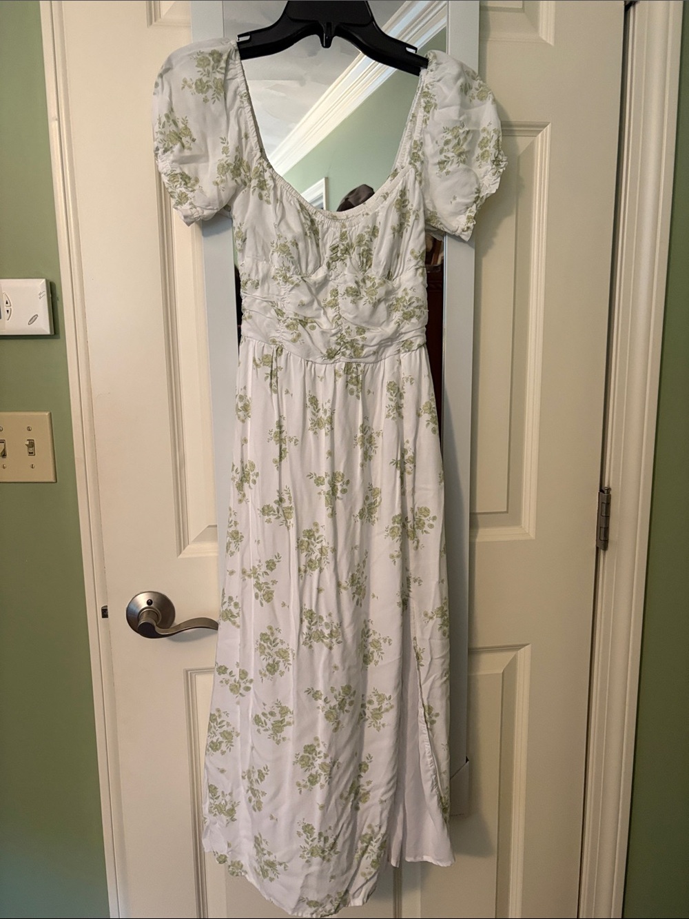 Hollister White Maxi Dress with Light Green Floral Print